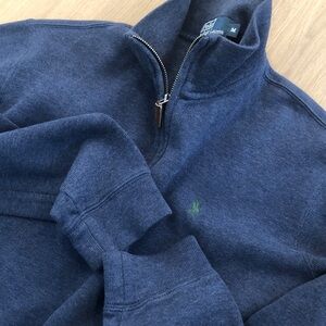Ralph Lauren Navy Heathered Quarter Zip Sweater with Green Pony Logo, Men's M